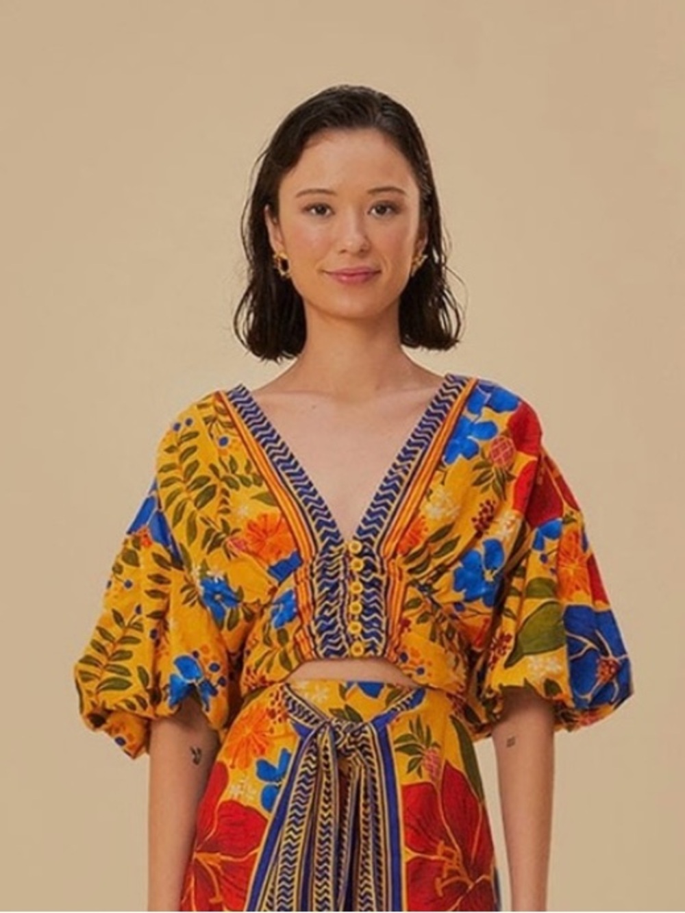 Farm Rio Yellow Floral Yard Lenzing Ecovero Euroflax Crop Top Sz XS